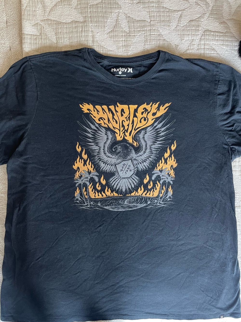 Hurley Black Short Sleeve Tee with Orange and Gray Eagle Graphic